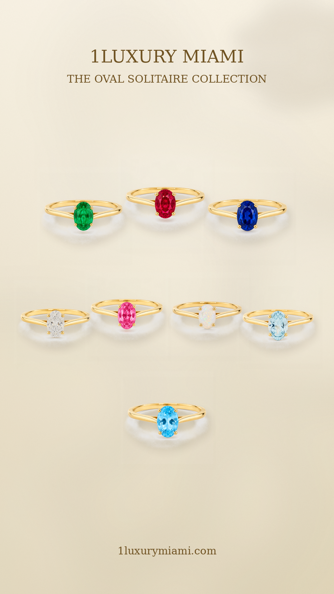 1Luxury Miami Oval Solitaire Collection featuring eight 14K gold gemstone rings