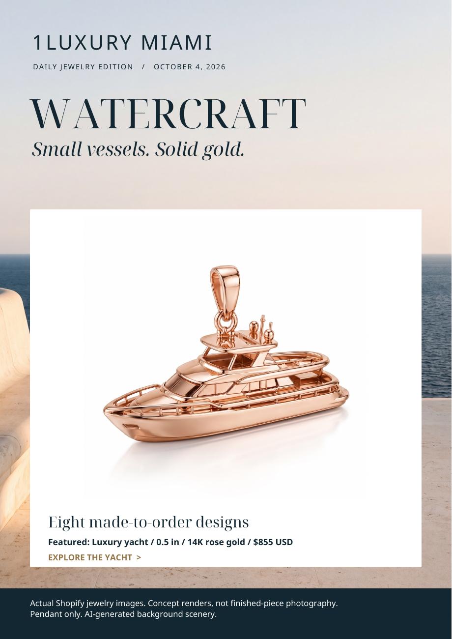 Watercraft magazine cover: a rose-gold luxury yacht pendant concept rendering, October 4, 2026