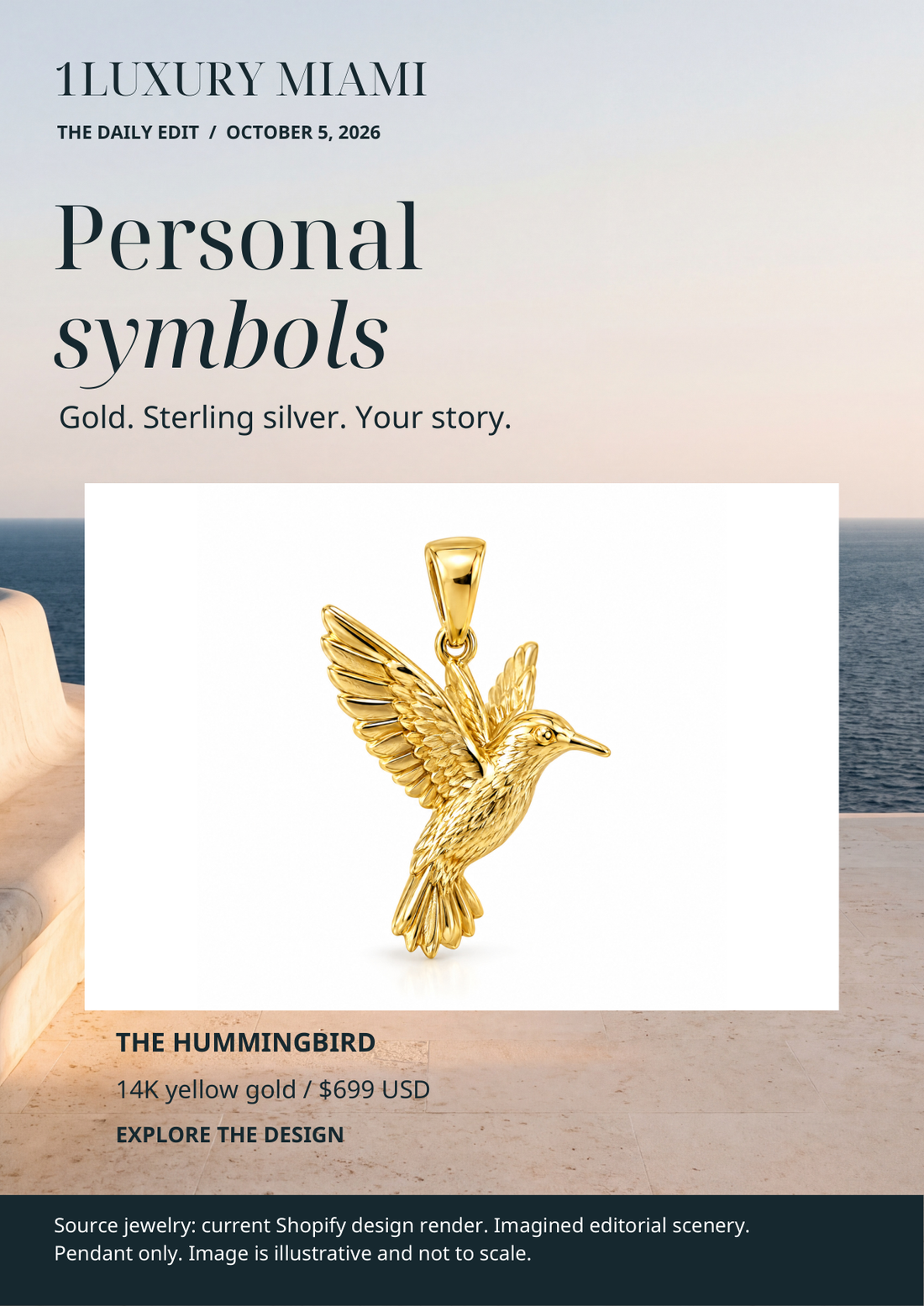 Personal Symbols magazine cover with a hummingbird gold pendant design rendering, October 5, 2026