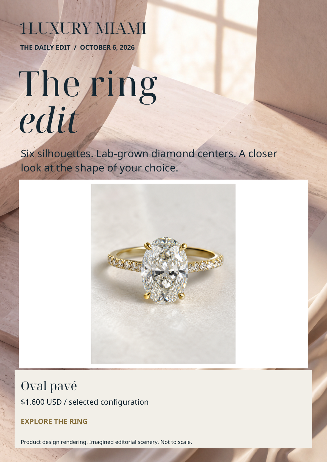 The Ring Edit magazine cover with an oval pavé engagement ring design rendering, October 6, 2026