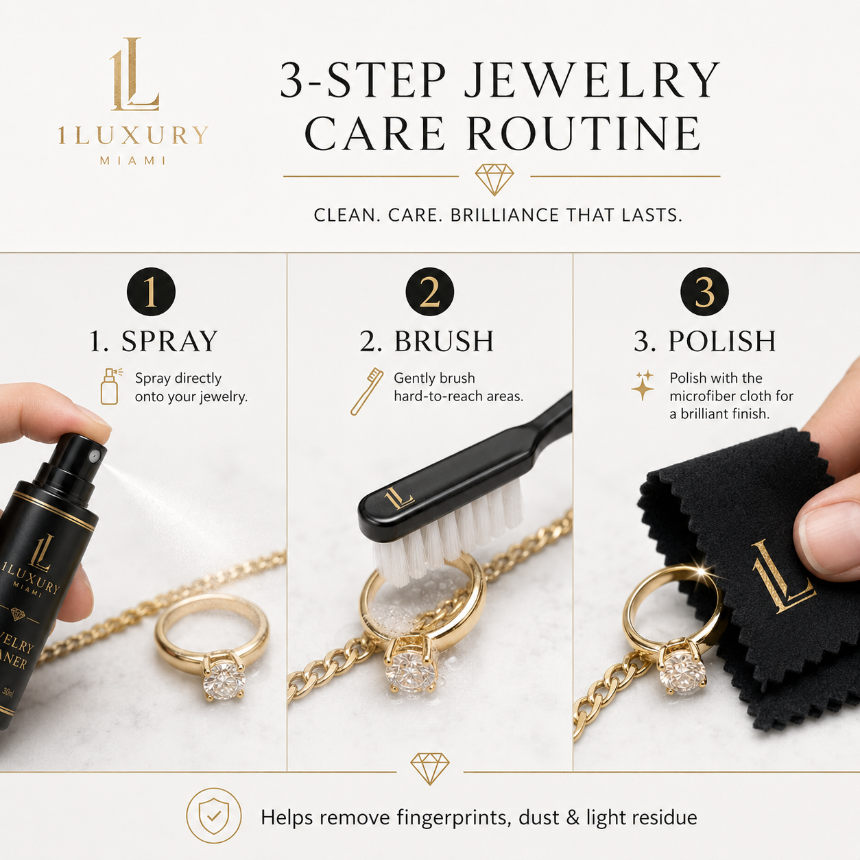 1Luxury Miami Jewelry Cleaner Kit – 30ml Spray, Brush & Polishing Cloth