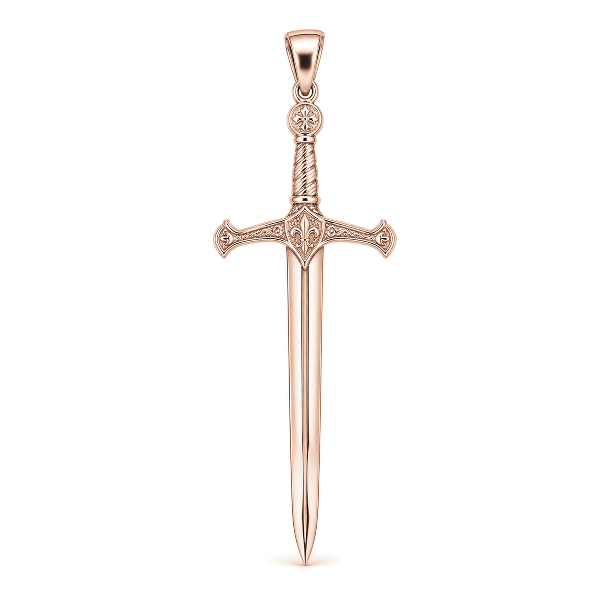 Excalibur sword pendant in high-polish rose gold, front view with full bail on white background