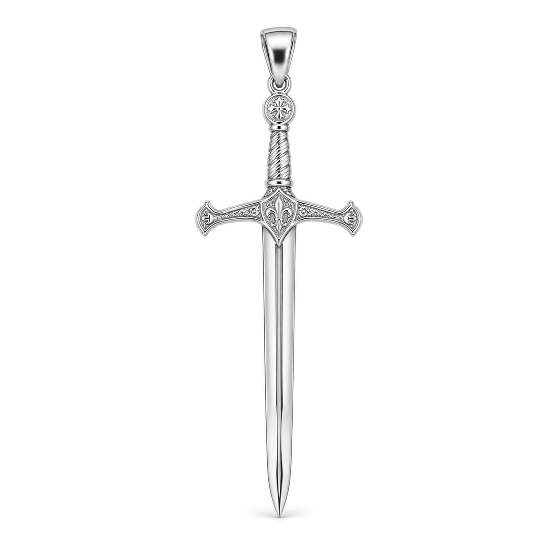 Excalibur sword pendant in high-polish white gold, front view with full bail on white background