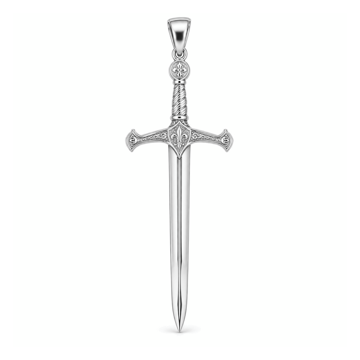 Excalibur sword pendant in high-polish white gold, front view with full bail on white background