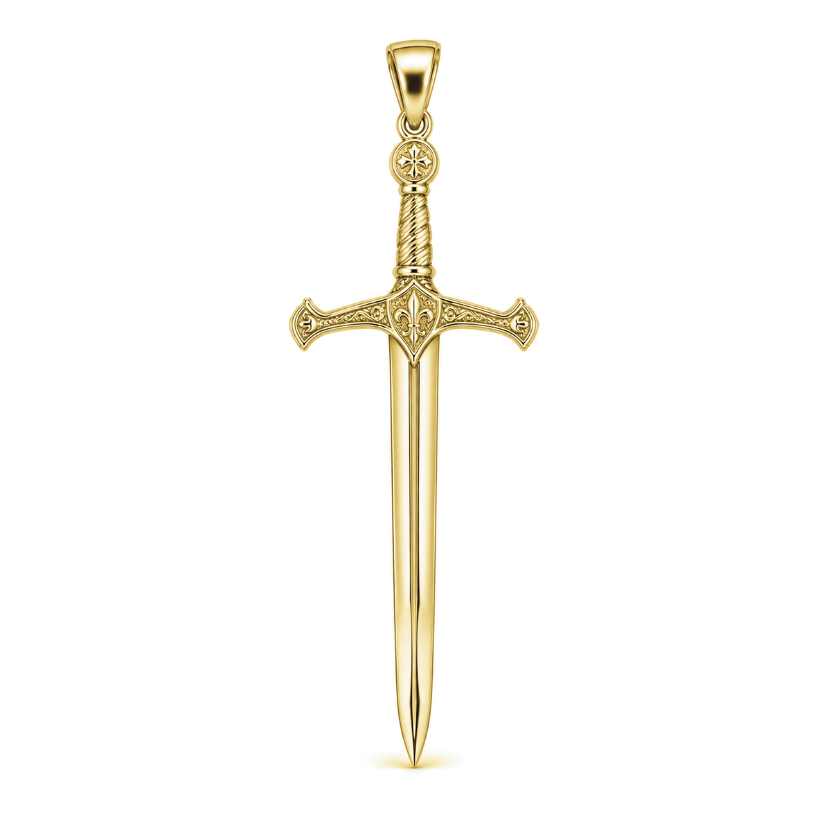 Excalibur sword pendant in high-polish yellow gold, front view with full bail on white background