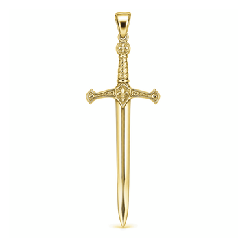 Excalibur sword pendant in high-polish yellow gold, front view with full bail on white background