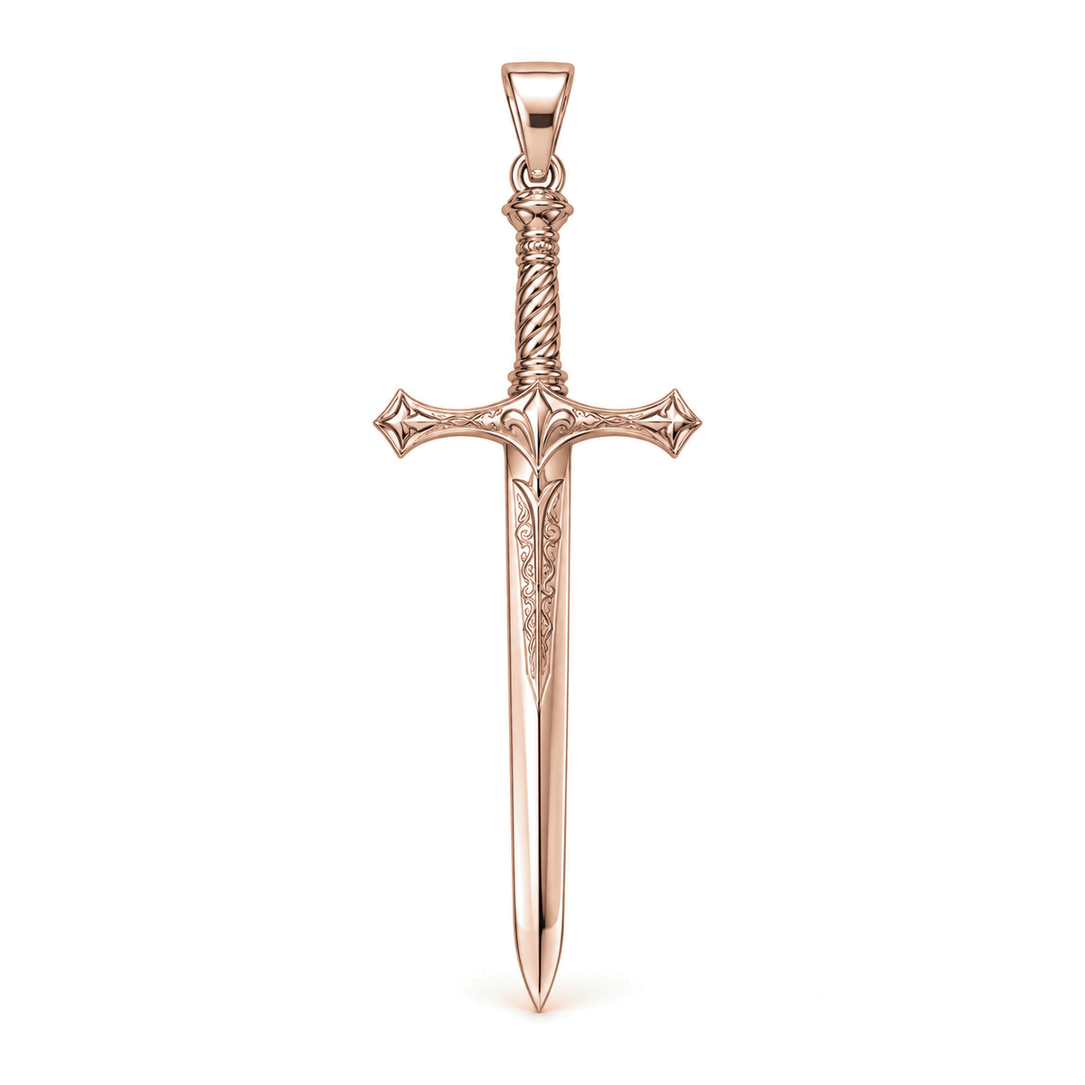 Royal Knight Broadsword pendant in high-polish rose gold, front view with full bail on white background