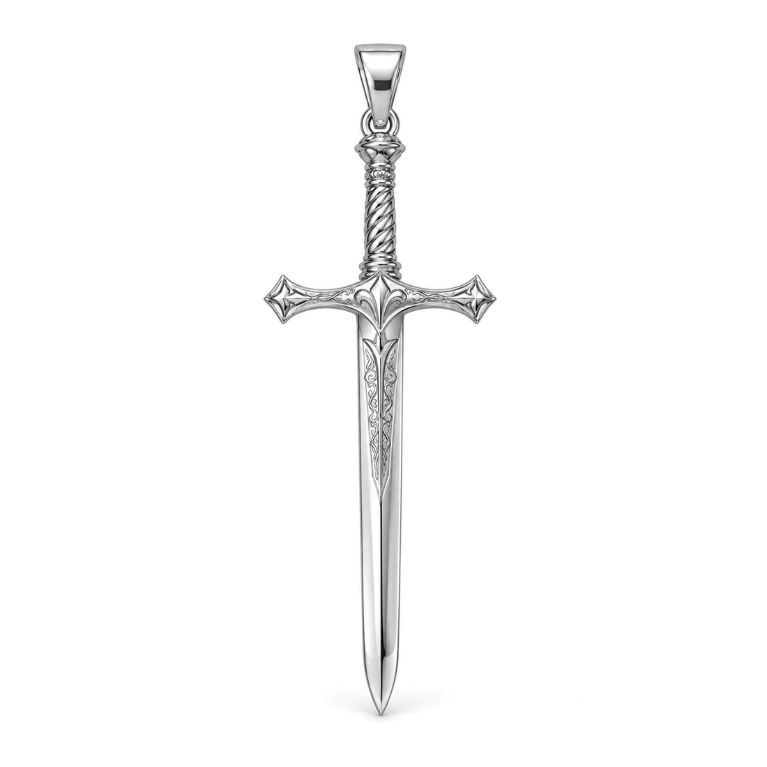 Royal Knight Broadsword pendant in high-polish white gold, front view with full bail on white background