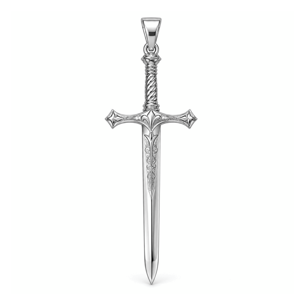 Royal Knight Broadsword pendant in high-polish white gold, front view with full bail on white background