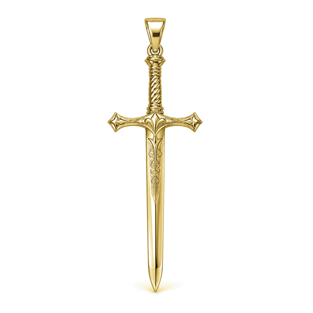 Royal Knight Broadsword pendant in high-polish yellow gold, front view with full bail on white background
