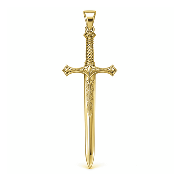Royal Knight Broadsword pendant in high-polish yellow gold, front view with full bail on white background
