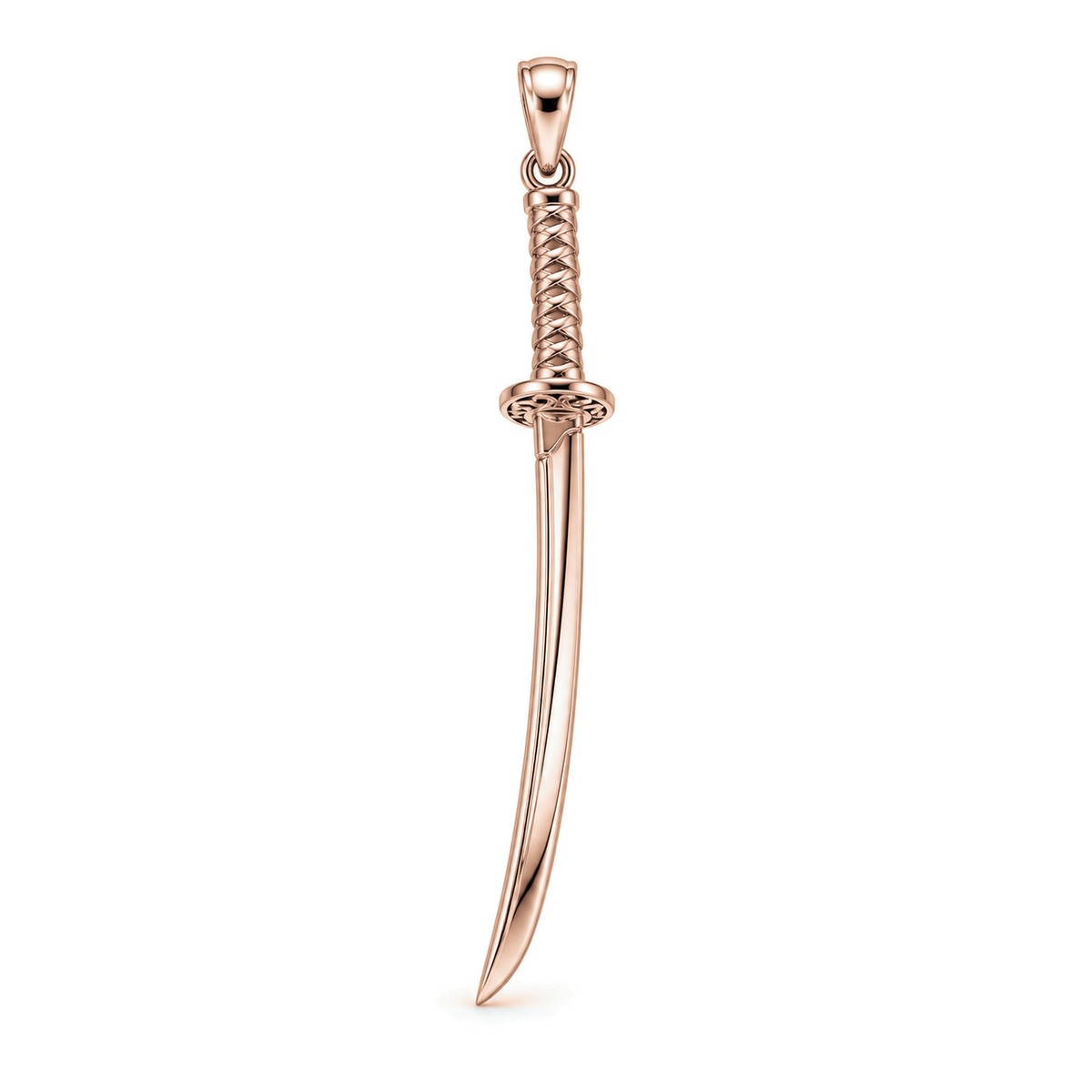 Samurai Katana sword pendant in high-polish rose gold, front view with full bail on white background