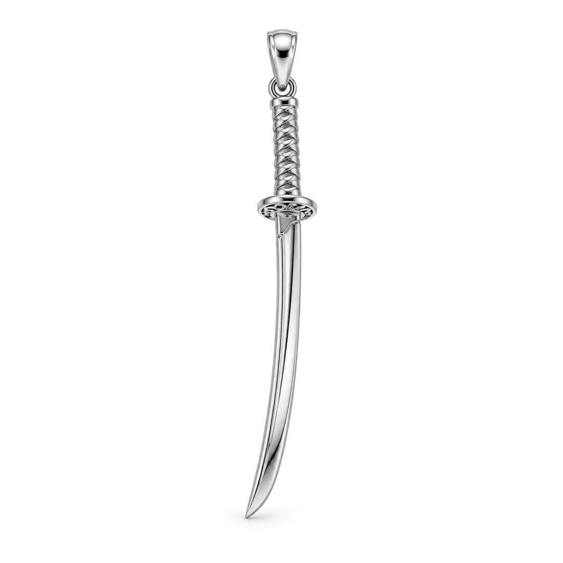Samurai Katana sword pendant in high-polish white gold, front view with full bail on white background