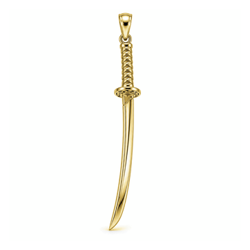 Samurai Katana sword pendant in high-polish yellow gold, front view with full bail on white background