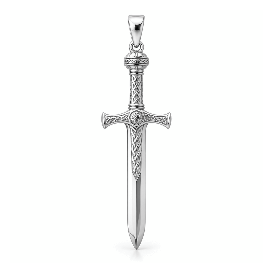 Viking Warrior sword pendant in high-polish white gold, front view with full bail on white background