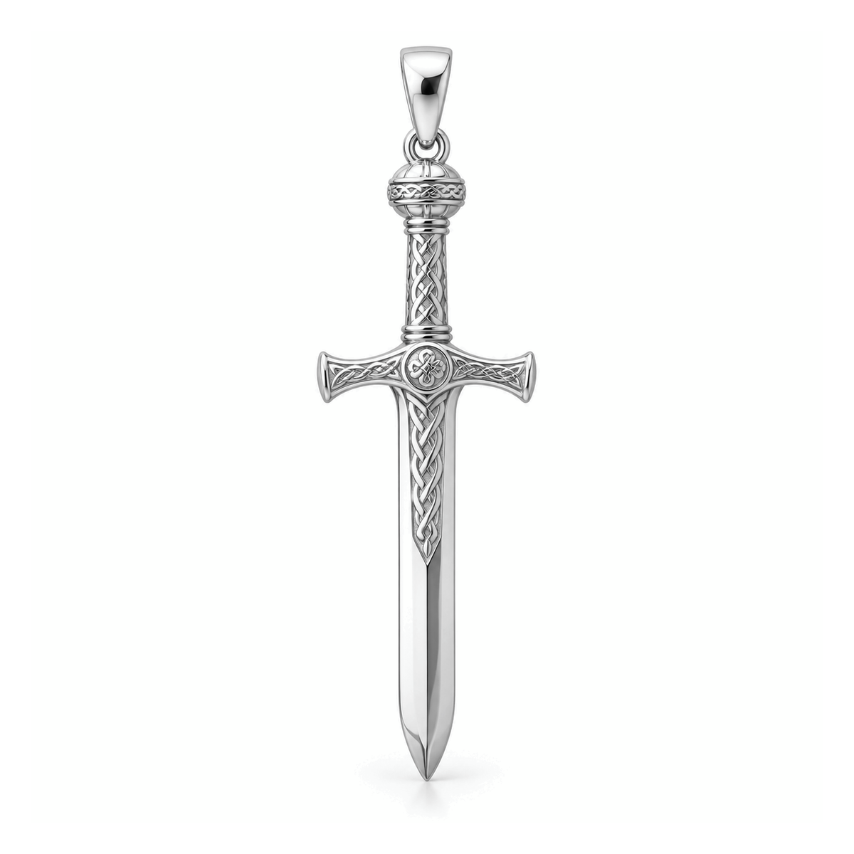 Viking Warrior sword pendant in high-polish white gold, front view with full bail on white background
