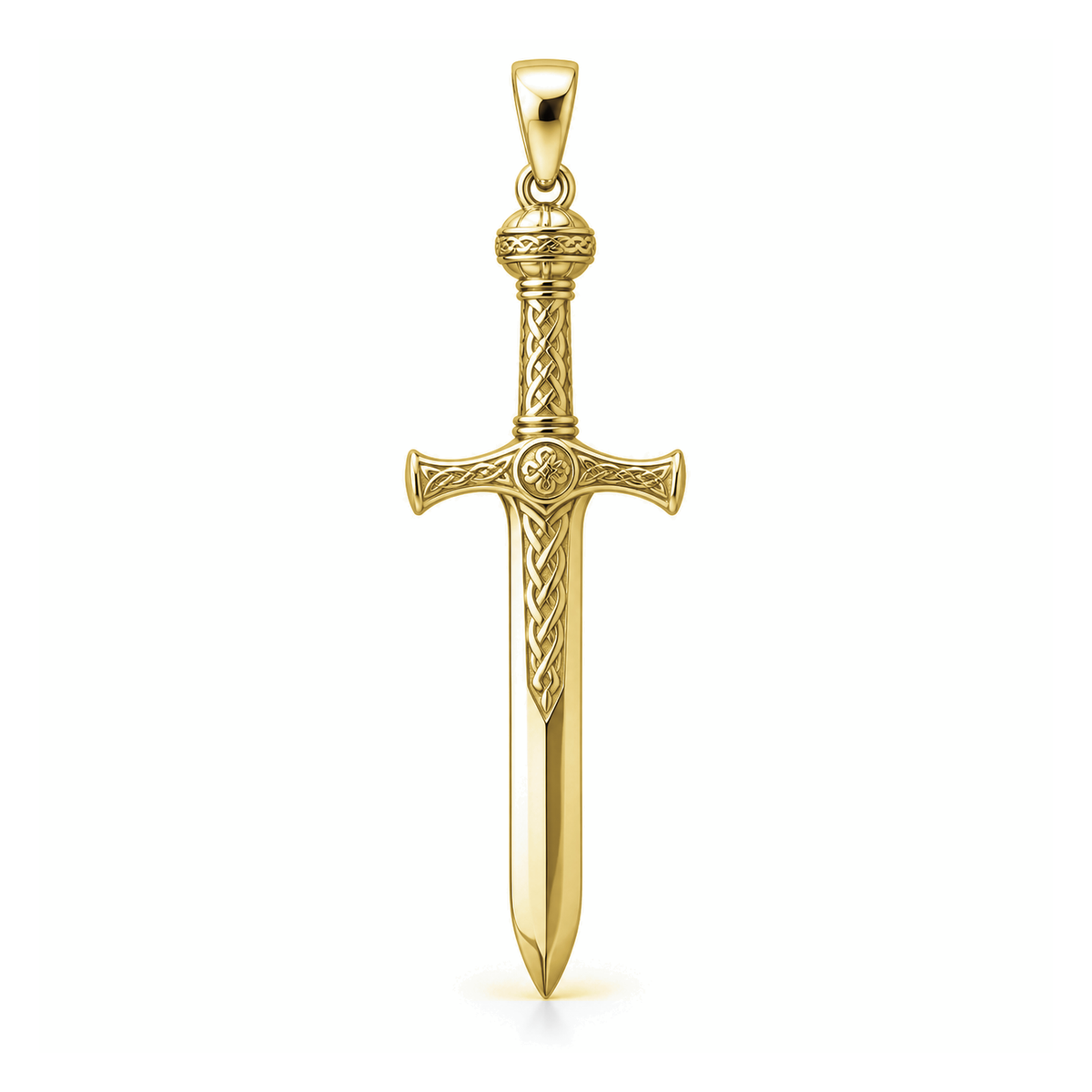 Viking Warrior sword pendant in high-polish yellow gold, front view with full bail on white background