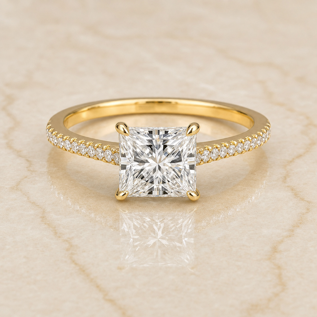 Princess cathedral pavé lab-grown diamond engagement ring – 1Luxury Miami