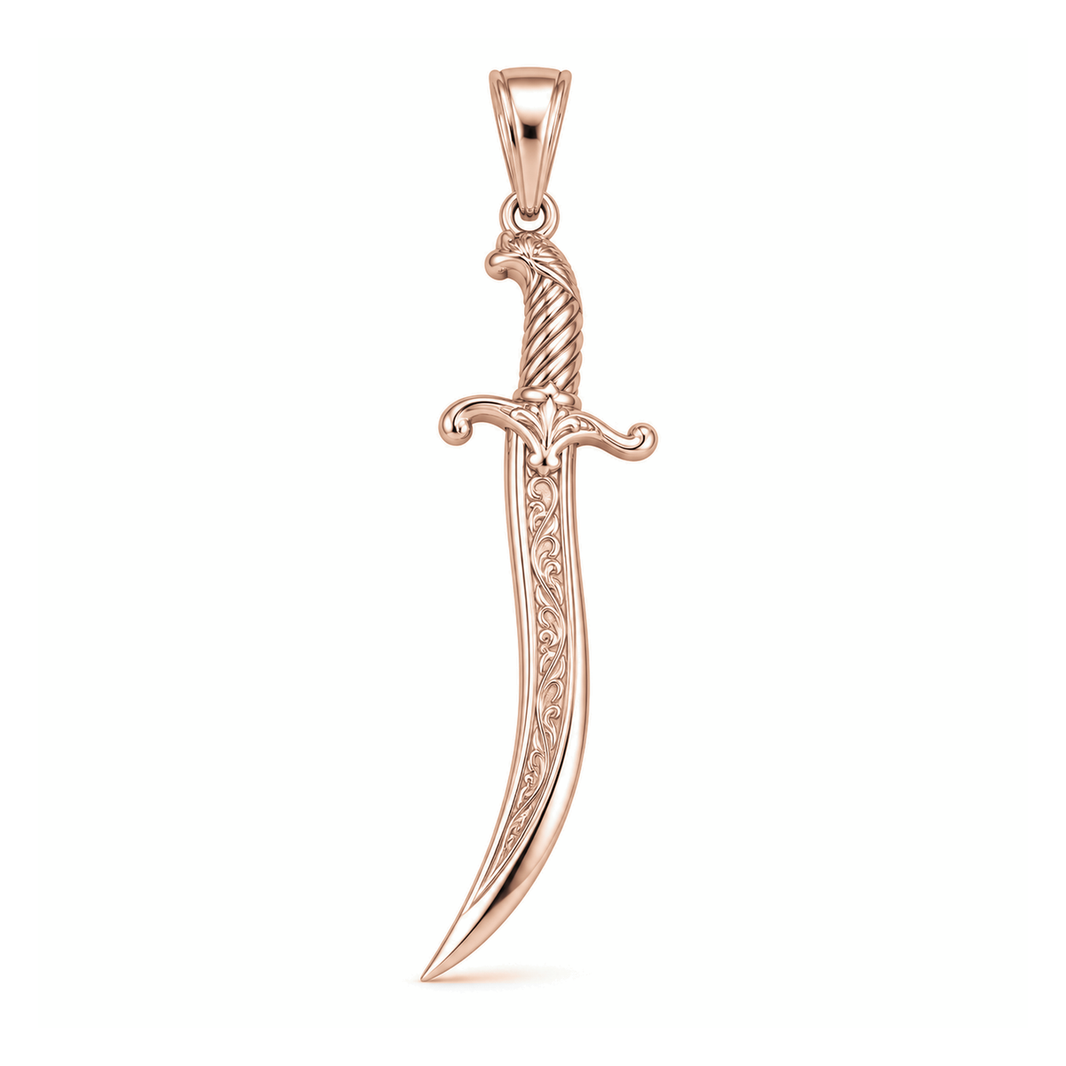 Crescent Scimitar sword pendant in high-polish rose gold, front view with full bail on white background