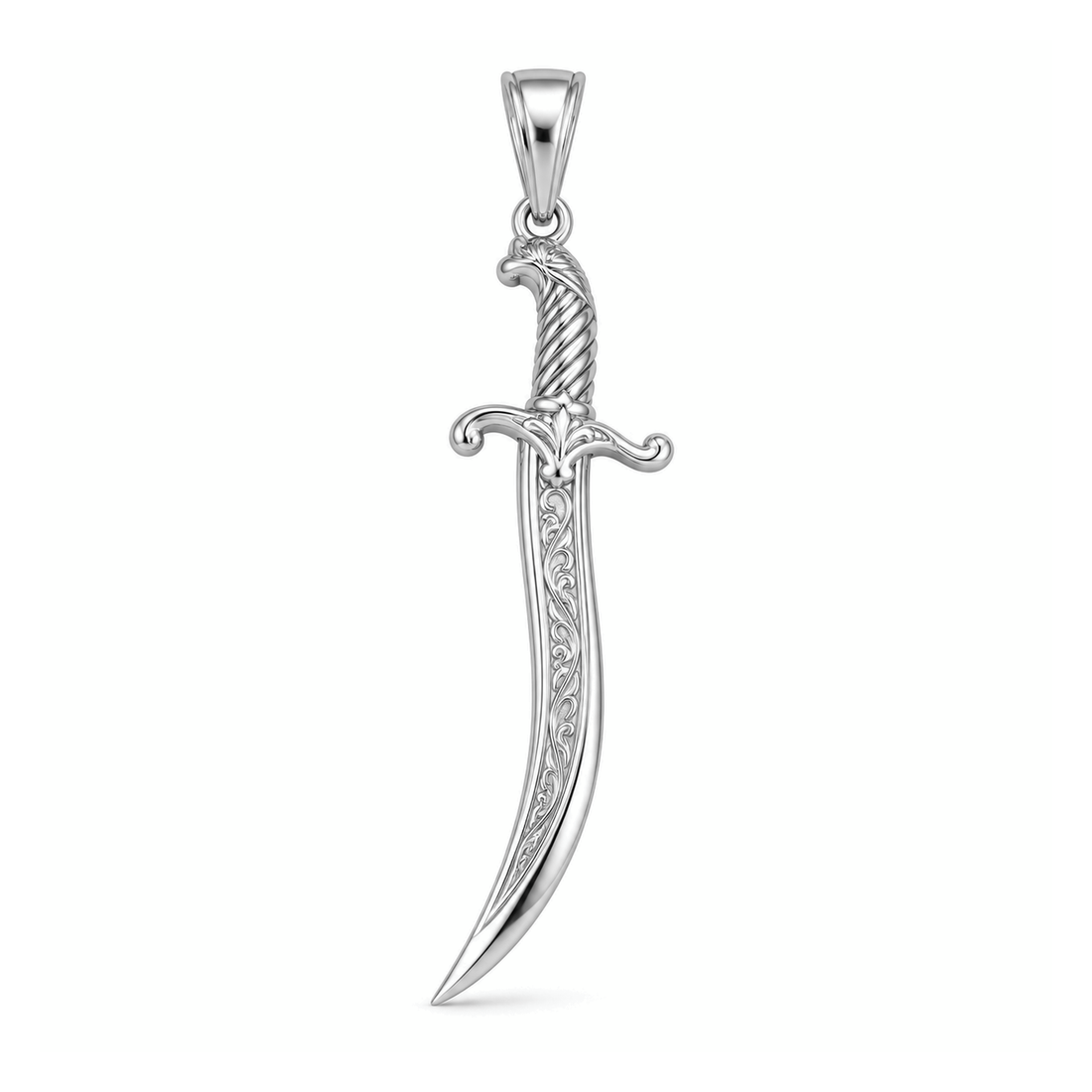 Crescent Scimitar sword pendant in high-polish white gold, front view with full bail on white background