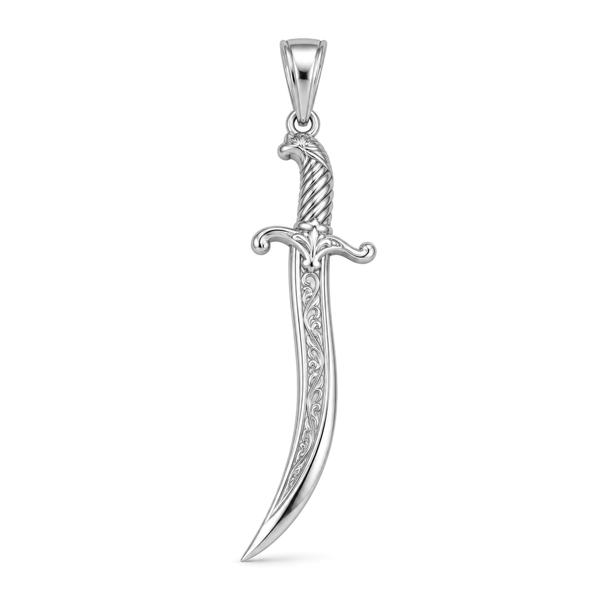 Crescent Scimitar sword pendant in high-polish white gold, front view with full bail on white background