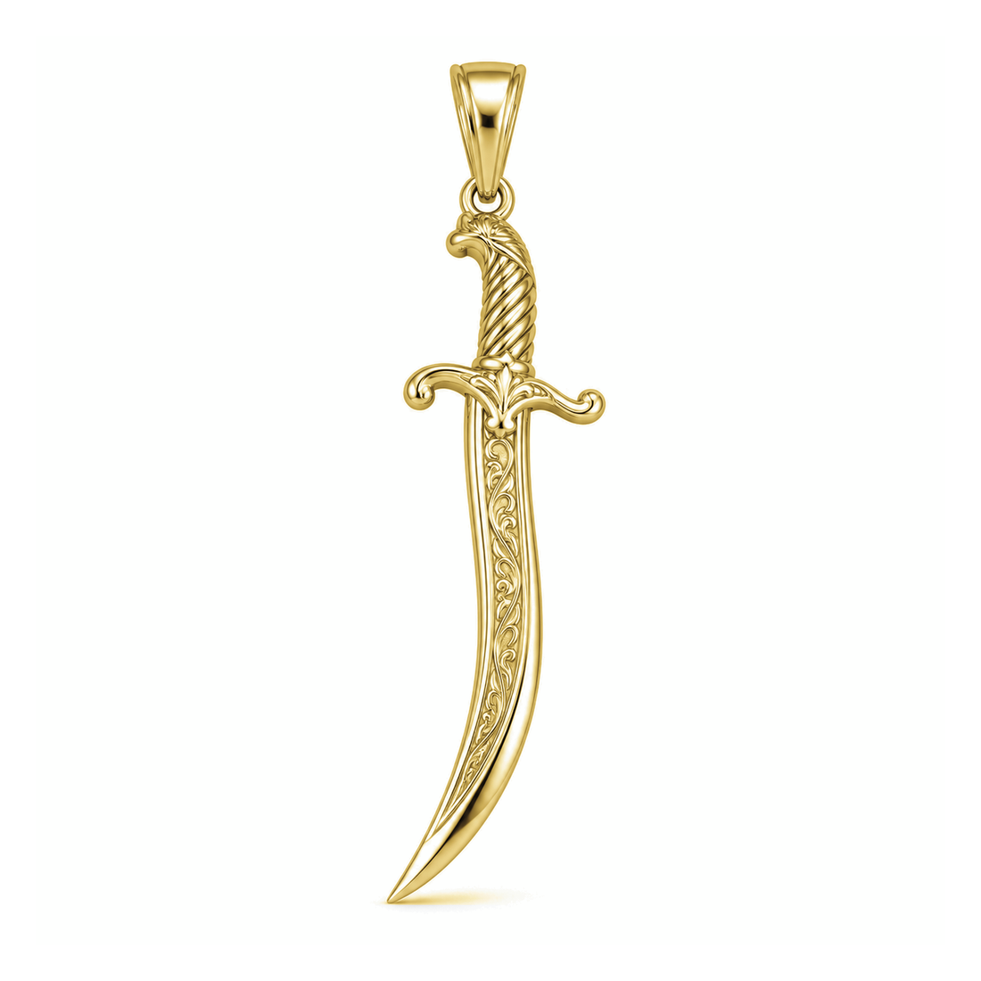 Crescent Scimitar sword pendant in high-polish yellow gold, front view with full bail on white background