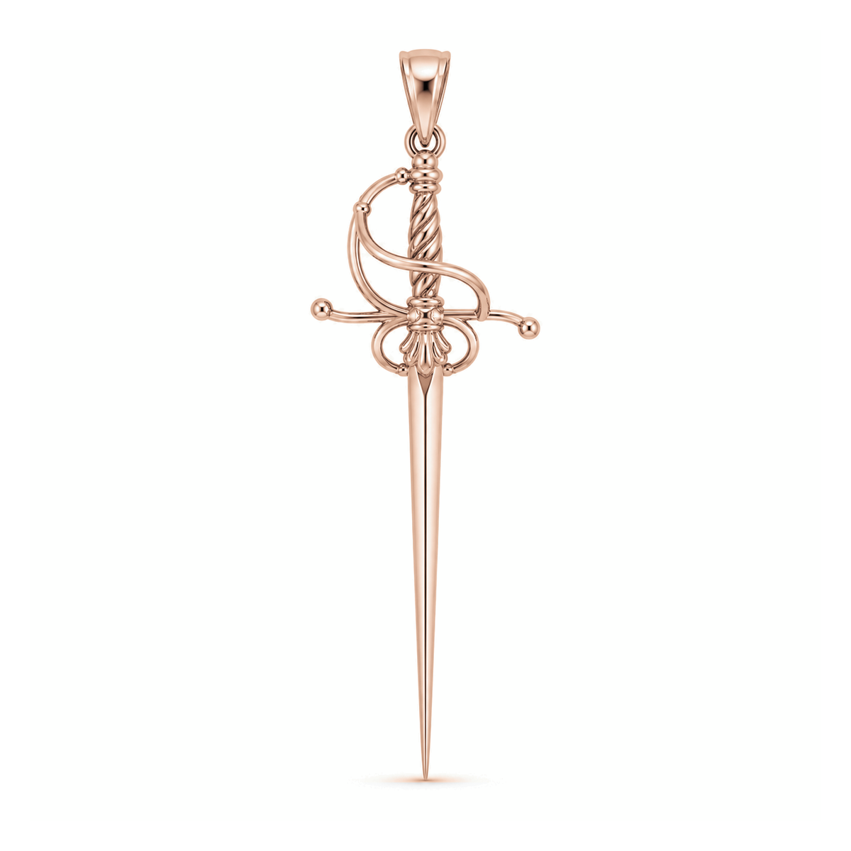 Royal Rapier sword pendant in high-polish rose gold, front view with full bail on white background