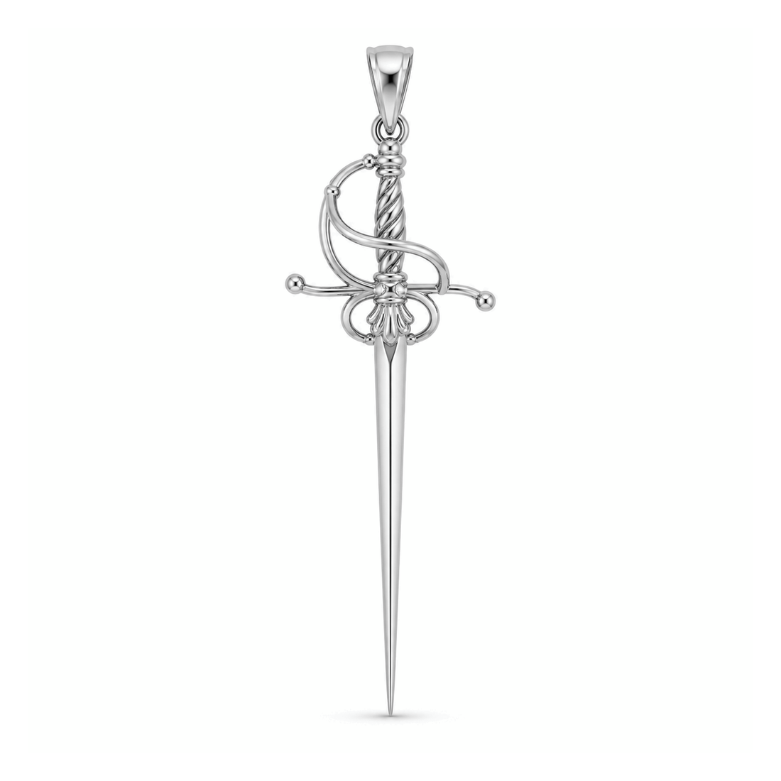 Royal Rapier sword pendant in high-polish white gold, front view with full bail on white background
