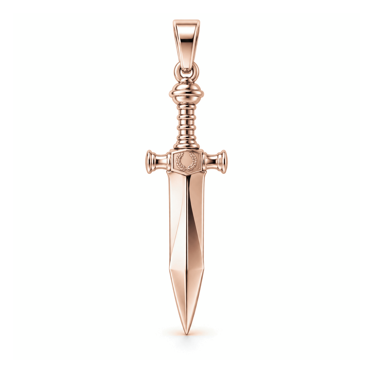 Roman Gladius sword pendant in high-polish rose gold, front view with full bail on white background
