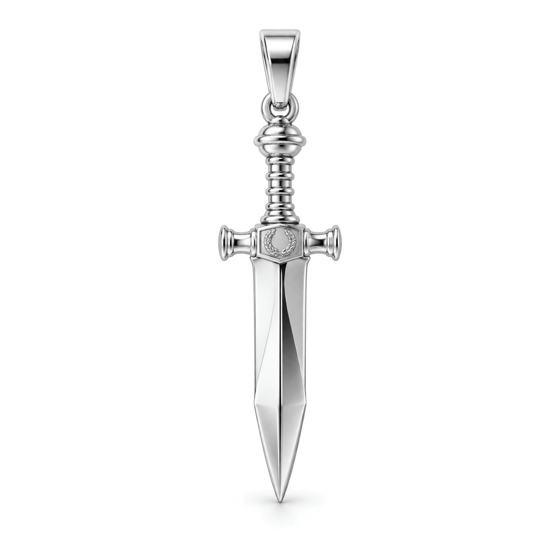 Roman Gladius sword pendant in high-polish white gold, front view with full bail on white background