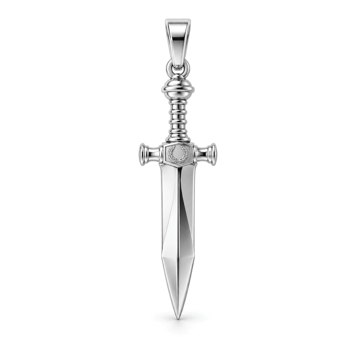 Roman Gladius sword pendant in high-polish white gold, front view with full bail on white background