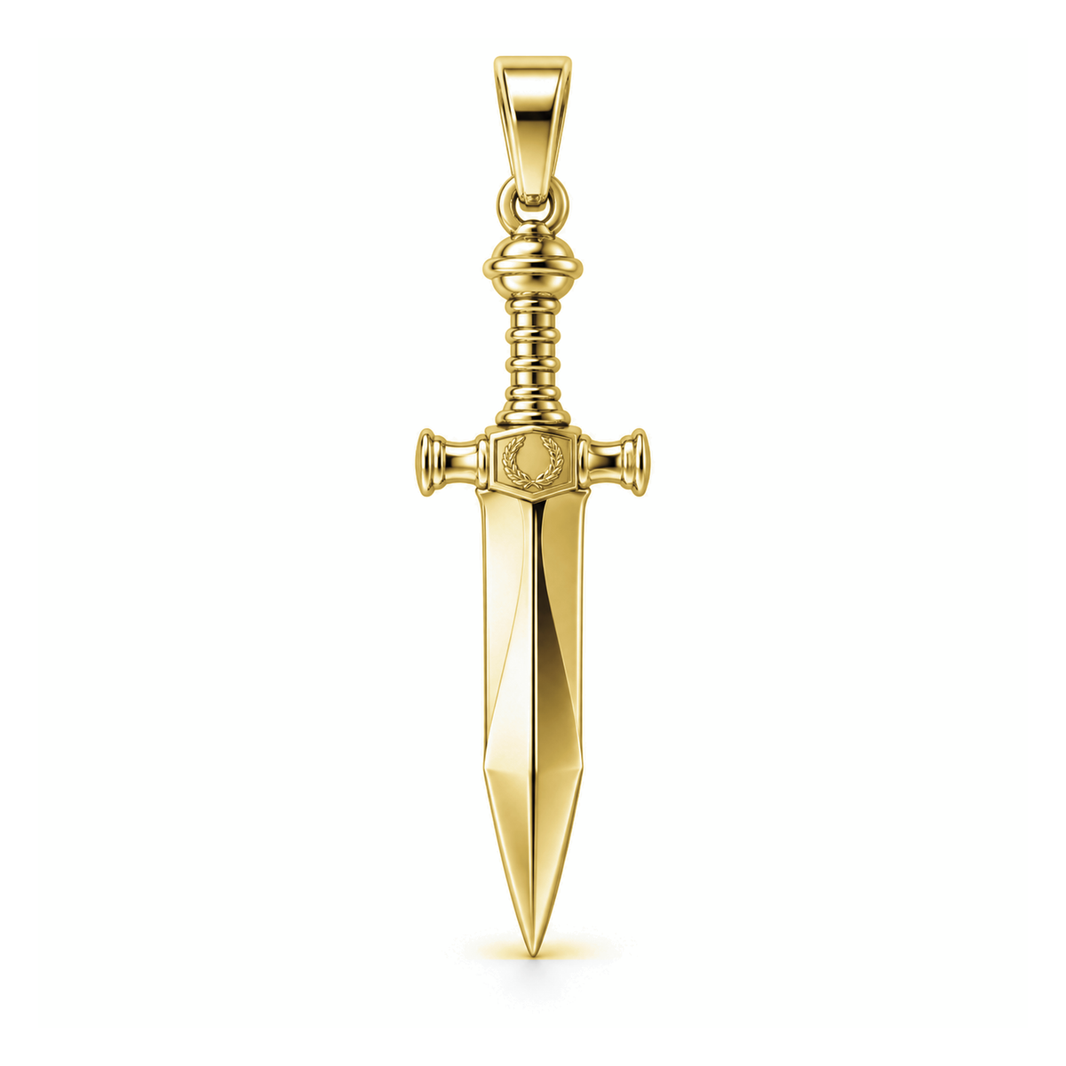 Roman Gladius sword pendant in high-polish yellow gold, front view with full bail on white background