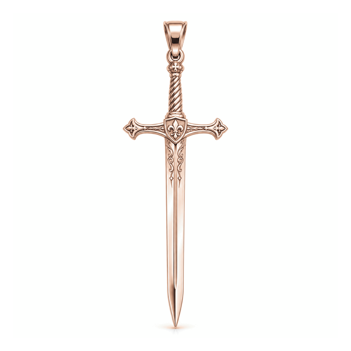 Crusader Longsword pendant in high-polish rose gold, front view with full bail on white background