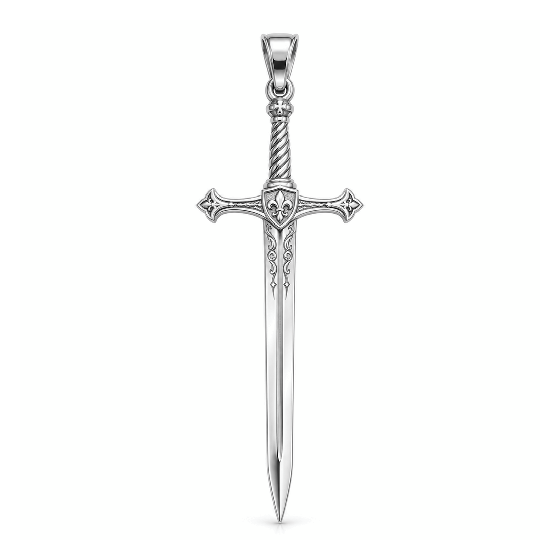 Crusader Longsword pendant in high-polish white gold, front view with full bail on white background