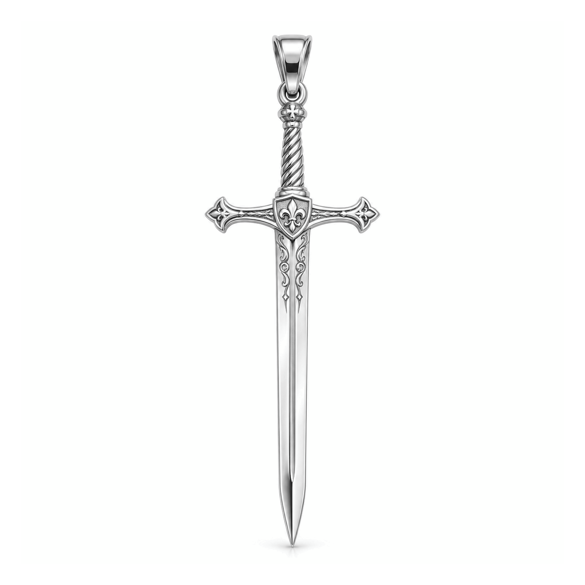Crusader Longsword pendant in high-polish white gold, front view with full bail on white background