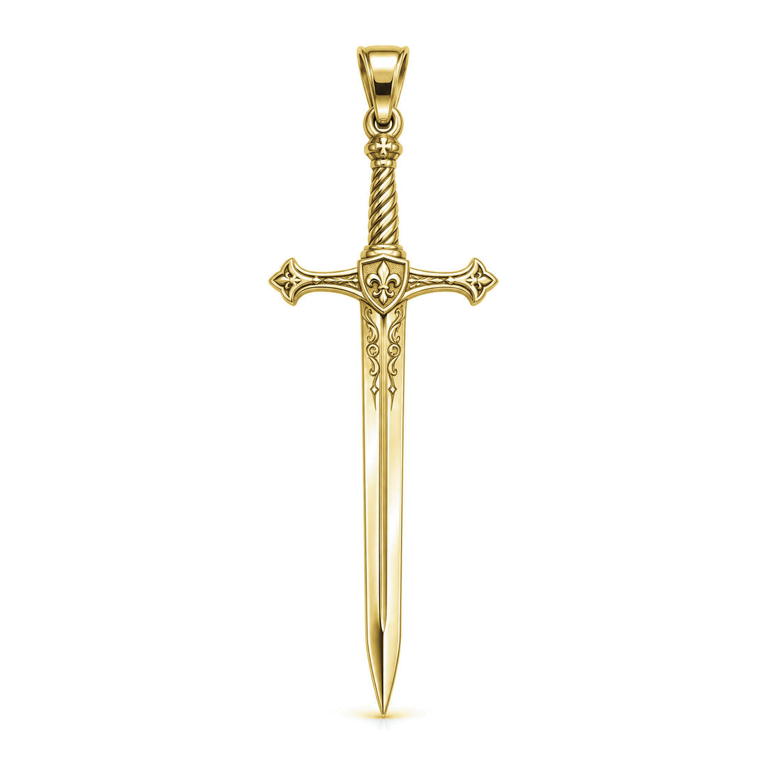 Crusader Longsword pendant in high-polish yellow gold, front view with full bail on white background