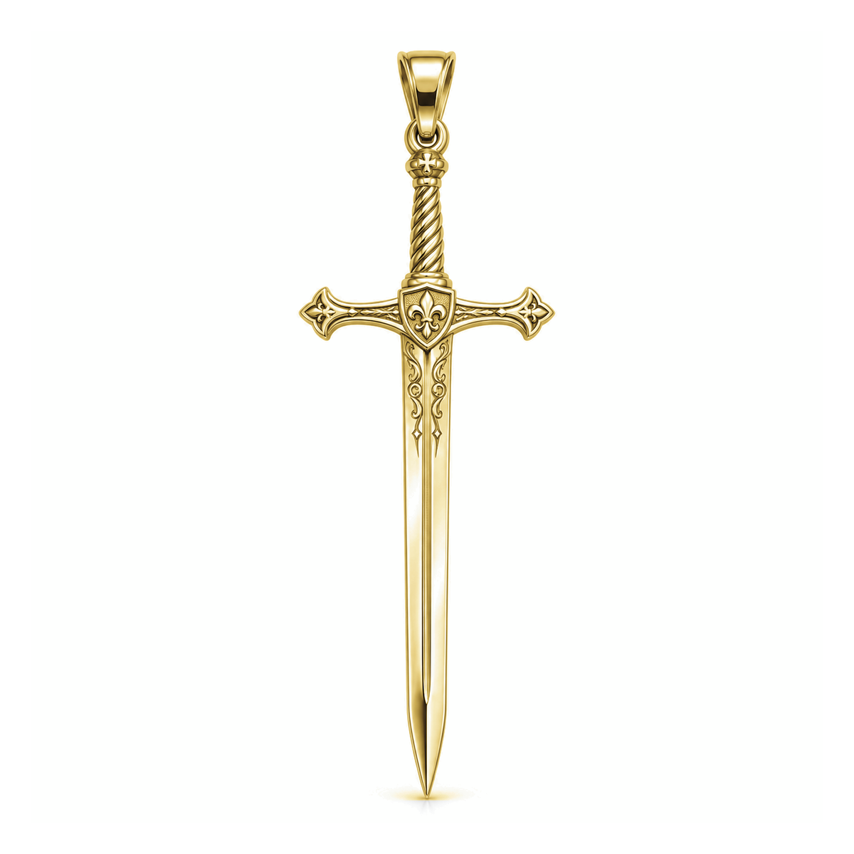 Crusader Longsword pendant in high-polish yellow gold, front view with full bail on white background