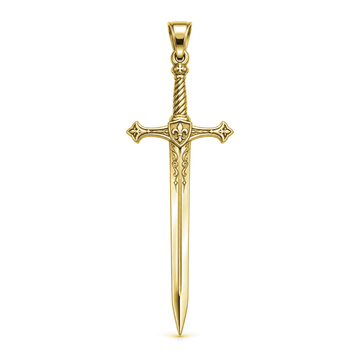 Crusader Longsword pendant in high-polish yellow gold, front view with full bail on white background