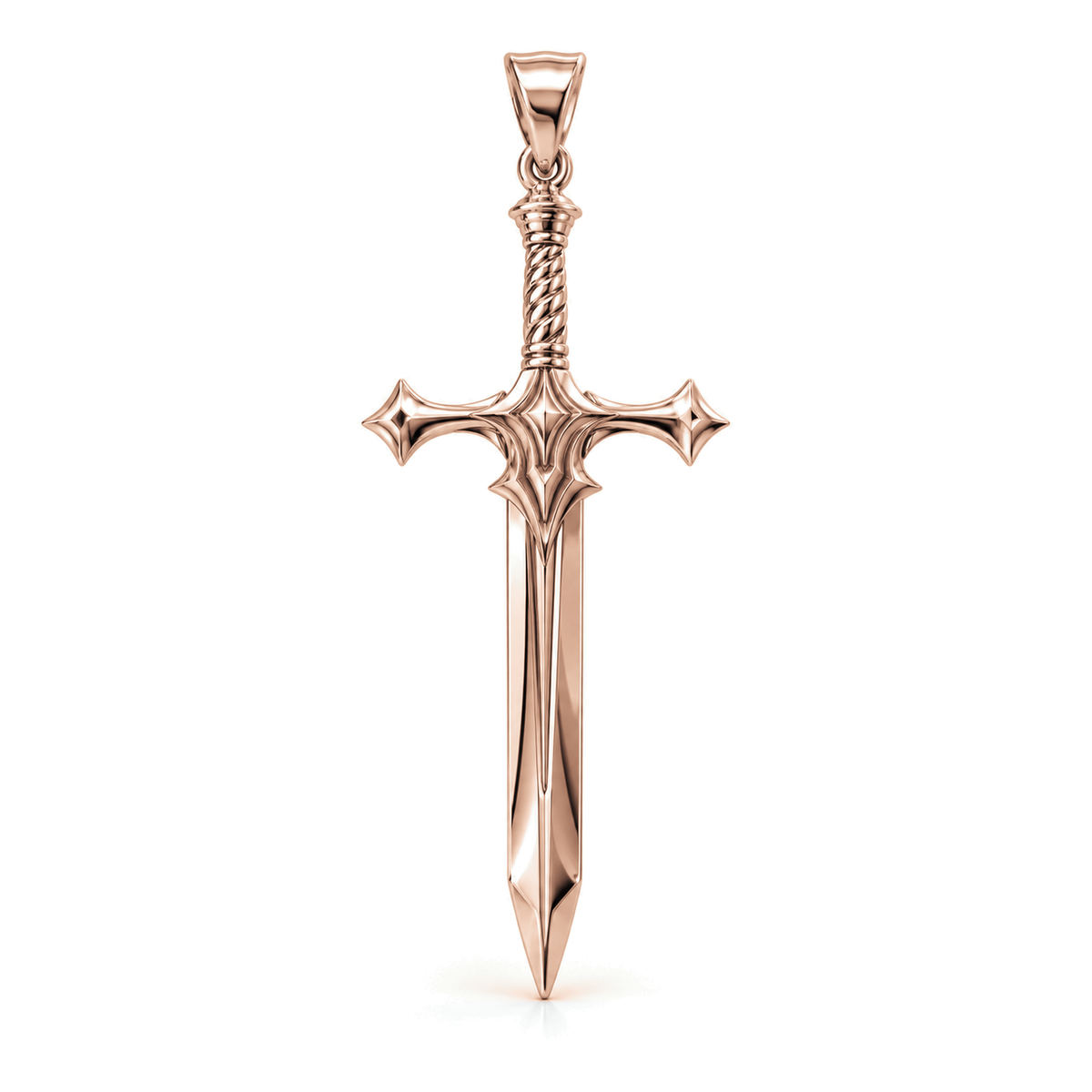 Highland Claymore sword pendant in high-polish rose gold, front view with full bail on white background