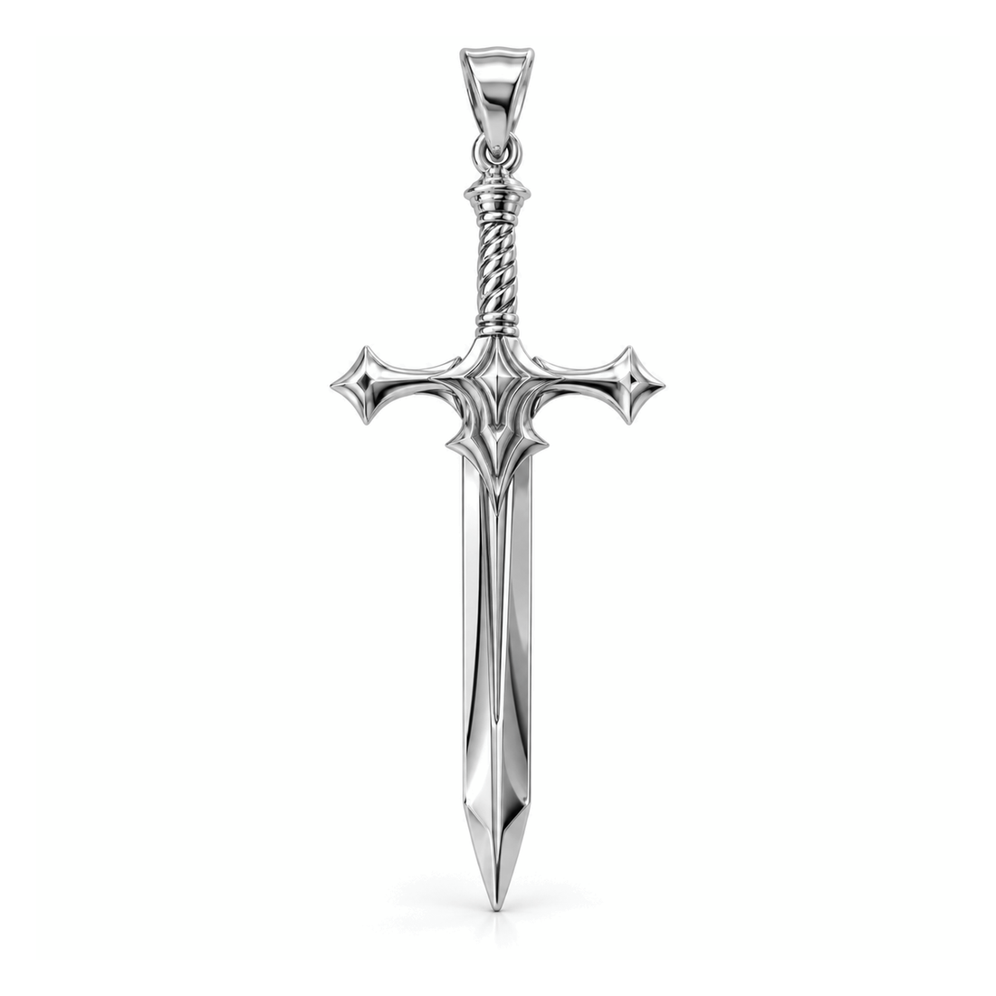 Highland Claymore sword pendant in high-polish white gold, front view with full bail on white background