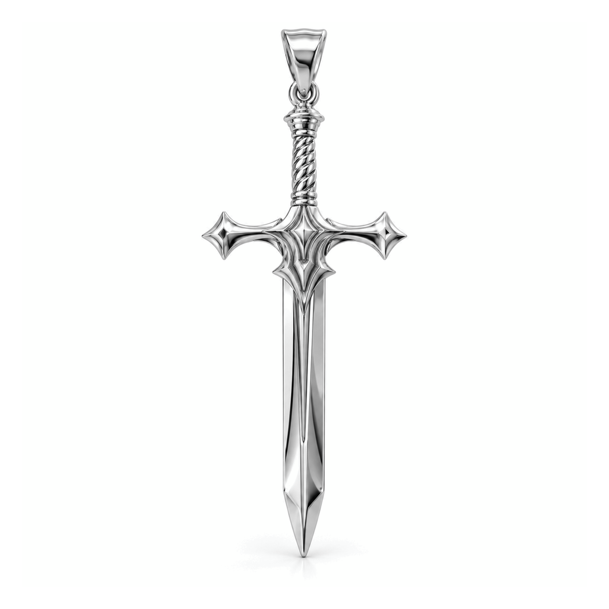 Highland Claymore sword pendant in high-polish white gold, front view with full bail on white background