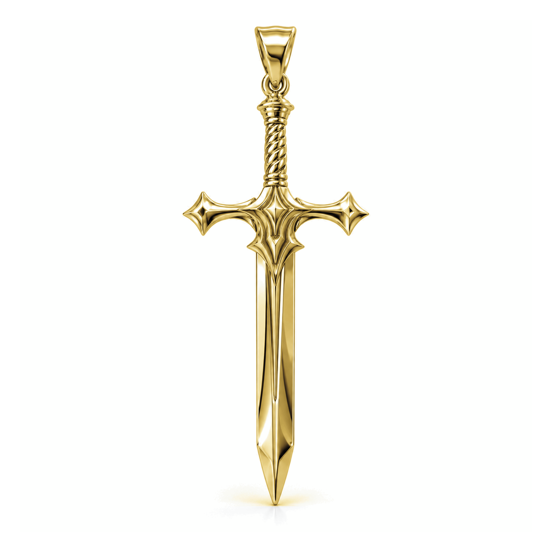 Highland Claymore sword pendant in high-polish yellow gold, front view with full bail on white background