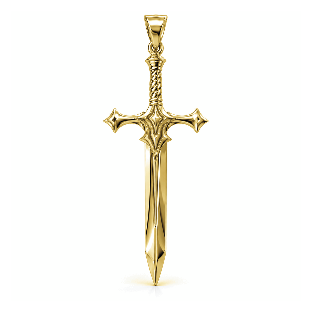 Highland Claymore sword pendant in high-polish yellow gold, front view with full bail on white background