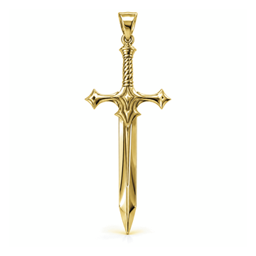 Highland Claymore sword pendant in high-polish yellow gold, front view with full bail on white background