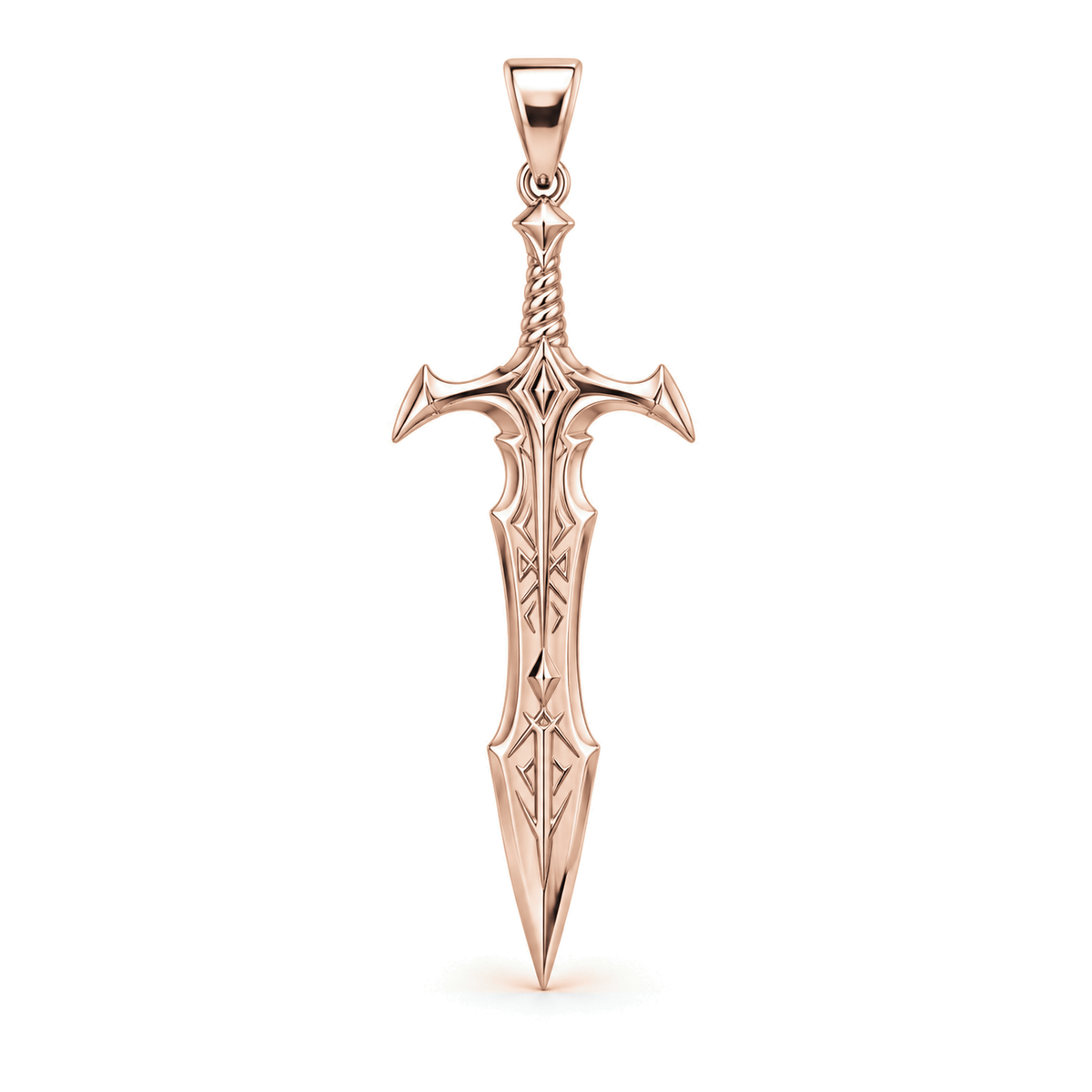Legendary Rune sword pendant in high-polish rose gold, front view with full bail on white background