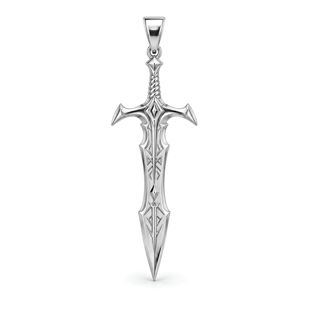 Legendary Rune sword pendant in high-polish white gold, front view with full bail on white background