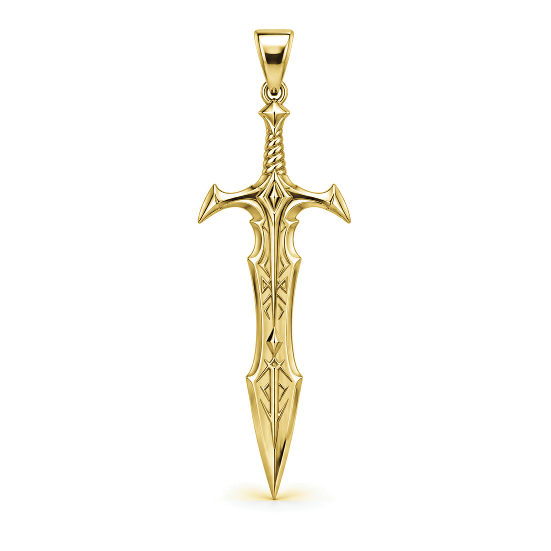 Legendary Rune sword pendant in high-polish yellow gold, front view with full bail on white background