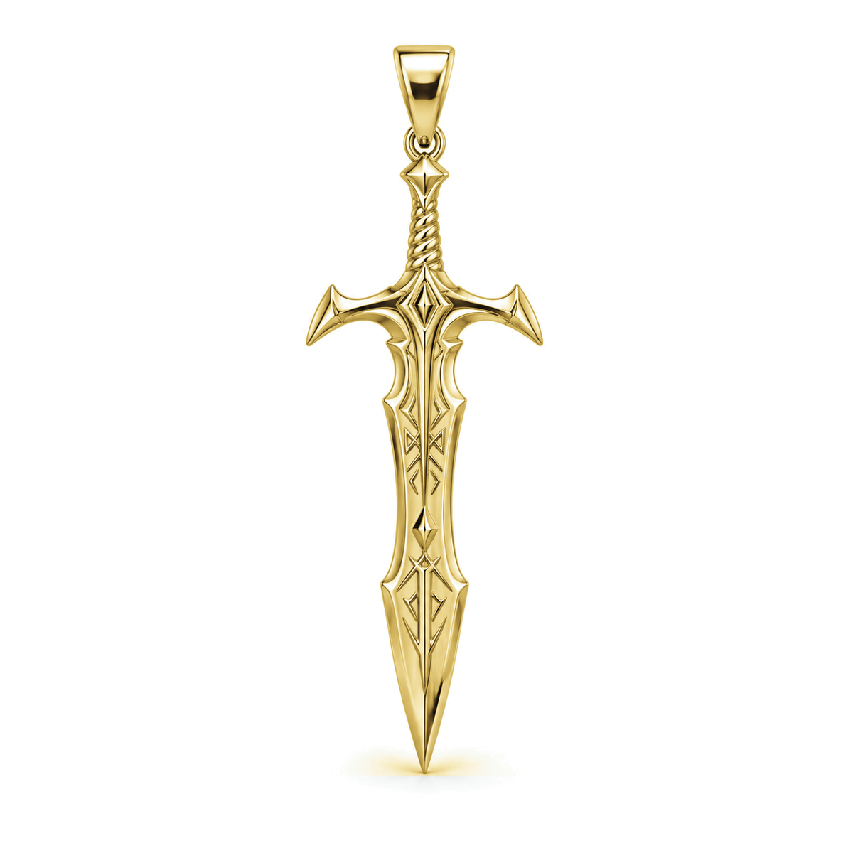 Legendary Rune sword pendant in high-polish yellow gold, front view with full bail on white background