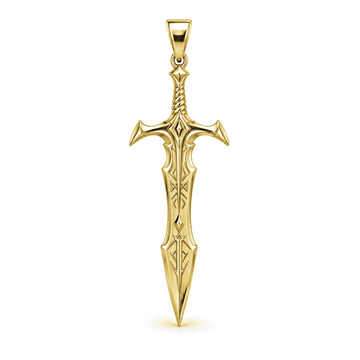 Legendary Rune sword pendant in high-polish yellow gold, front view with full bail on white background