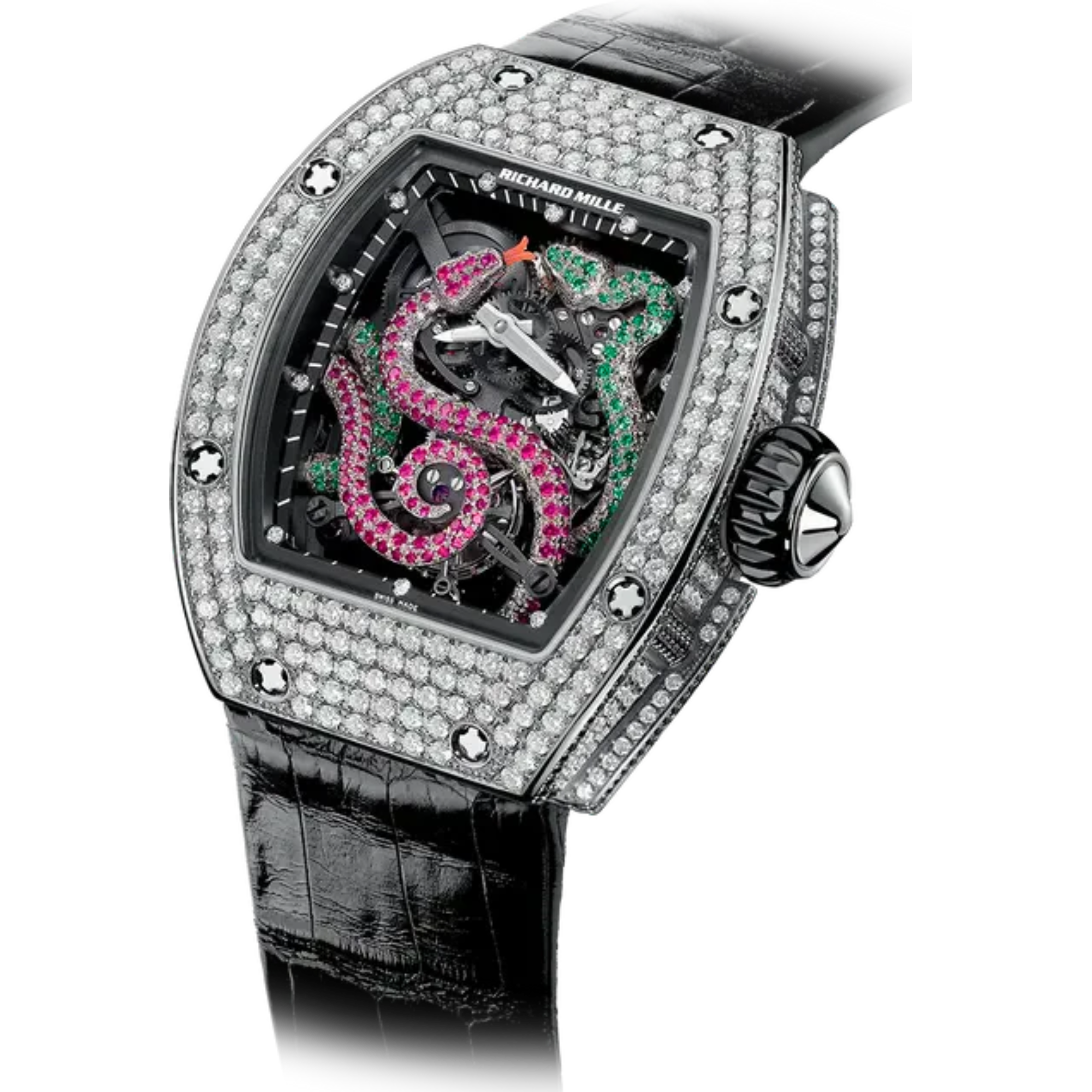 RM 026 Tourbillon Serpent Leather Strap 18K White Gold Snake and an Emerald & Diamond Encrusted With Red Coral Tongue On The Dial